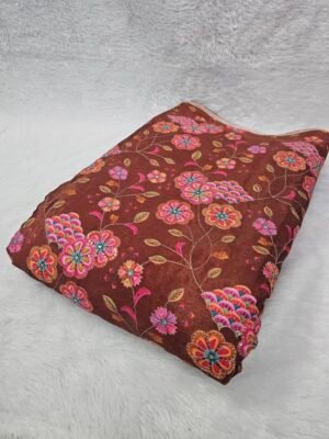Brown Floral Position Print With Embroidery On Chinon Fabric