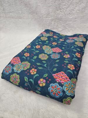 Blue Floral Position Print With Embroidery On Chinon Fabric