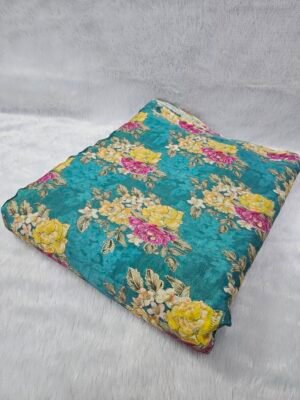 Sky Blue Floral Position Print With Embroidery On Chinon Fabric