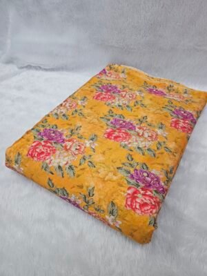 Yellow Floral Position Print With Embroidery On Chinon Fabric
