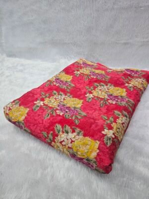 Red Floral Position Print With Embroidery On Chinon Fabric