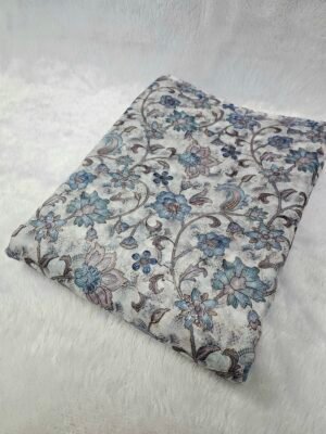 Blue Floral Position Print With Embroidery On Organza Fabric