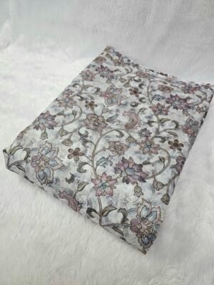 Grey Floral Position Print With Embroidery On Organza Fabric