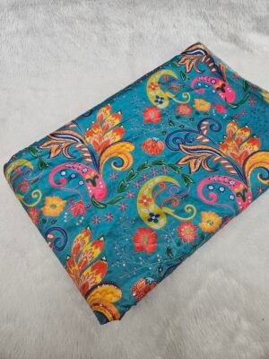 Teal Blue Position Print With Sequins Embroidery On Chinon Fabric
