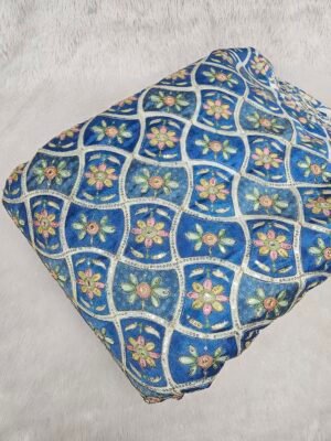 Blue Zari & Sequins Embroidered Work With Position Print On Chinon Fabric