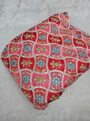 Red Zari & Sequins Embroidered Work With Position Print On Chinon Fabric