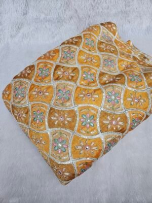 Yellow Zari & Sequins Embroidered Work With Position Print On Chinon Fabric