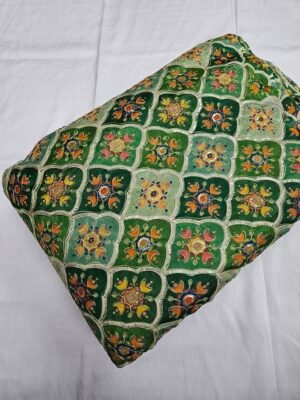 Green Zari & Sequins Embroidered Work With Position Print On Chinon Fabric