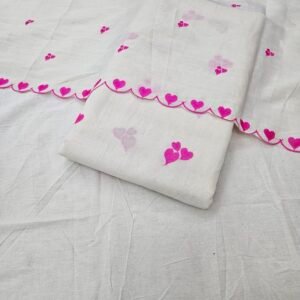 Pink Heart Embroidered 3 PC On Pure Kora Cotton Fabric