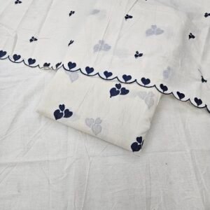 Dark Blue Heart Embroidered  3 PC On Pure Kora Cotton Fabric