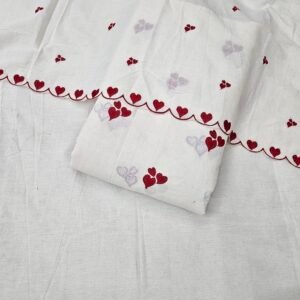 Red Heart Embroidered 3 PC On Pure Kora Cotton Fabric