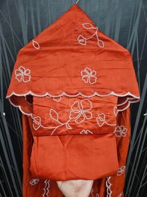 Rust Orange 3PC Embroidery On Mul Chanderi Fabric