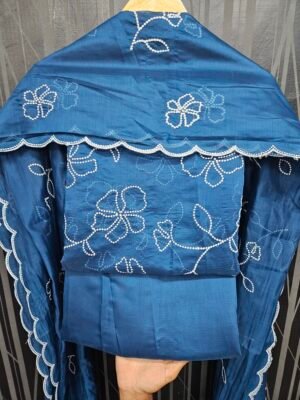 Blue 3PC Embroidered On Mul Chanderi Fabric