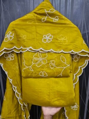 Yellow 3PC Embroidery On Mul Chanderi Fabric