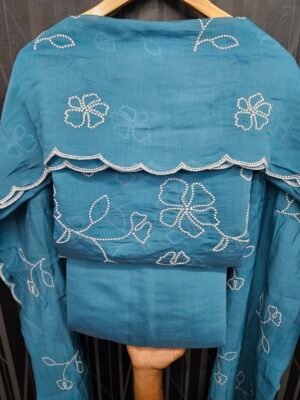 Dusty Blue 3PC Embroidered On Mul Chanderi Fabric