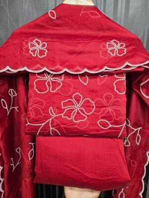 Maroon 3PC Embroidery On Mul Chanderi Fabric
