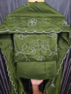 Green 3PC Embroidery On Mul Chanderi Fabric