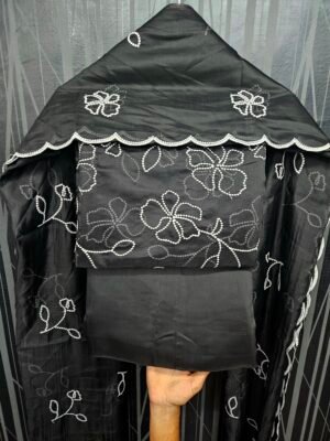 Black 3PC Embroidery On Mul Chanderi Fabric