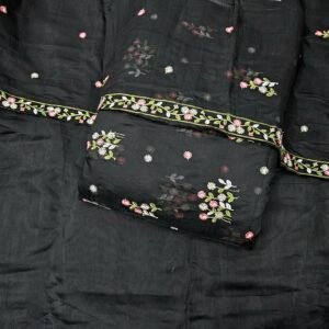 Black 3PC Embroidered On Mul Chanderi Fabric