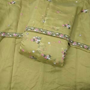 Olive Yellow 3PC Embroidered On Mul Chanderi Fabric