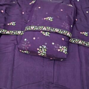 Wine 3PC Embroidered On Mul Chanderi Fabric