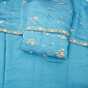 Dusty Blue 3PC Embroidered On Mul Chanderi Fabric