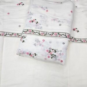 Cream 3PC Embroidered On Mul Chanderi Fabric