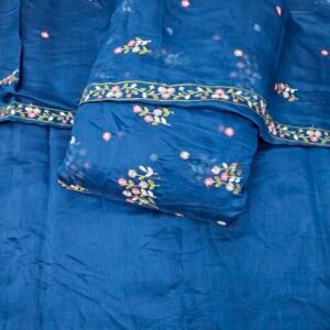 Teal Blue 3PC Embroidered On Mul Chanderi Fabric