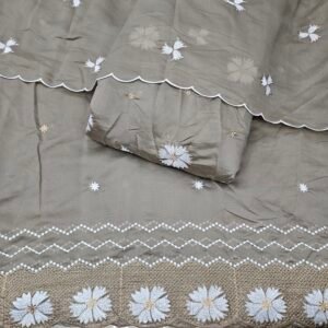 Grey Brown 3PC Heavy Embroidered On Mul Chanderi Fabric
