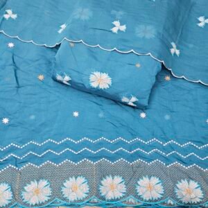 Dusty Blue 3PC Heavy Embroidered On Mul Chanderi Fabric