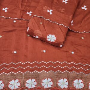 Rust 3PC Heavy Embroidered On Mul Chanderi Fabric