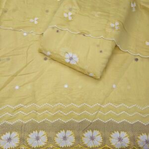 Yellow 3PC Heavy Embroidered On Mul Chanderi Fabric