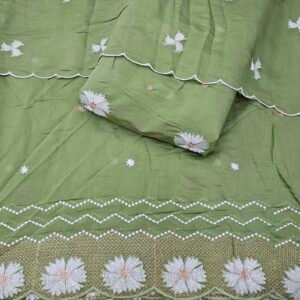 Light Mehndi Green 3PC Heavy Embroidered On Mul Chanderi Fabric