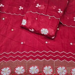 Maroon 3PC Heavy Embroidered On Mul Chanderi Fabric