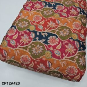 Red Zari Embroidery With Position Print On Chinon Fabric