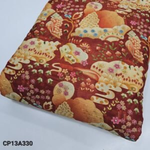 Dark Orange Floral Position Print With Embroidery On Chinon Fabric