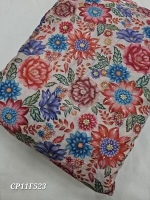 Floral Position Print With Embroidery On Chinon Fabric