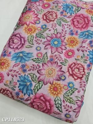 Pink Floral Position Print With Embroidery On Chinon Fabric