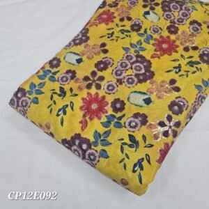 Yellow Floral Position Print With Embroidery On Chinon Fabric