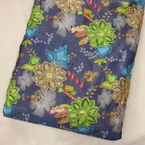 Blue Position Print With Embroidery On Chinon Fabric