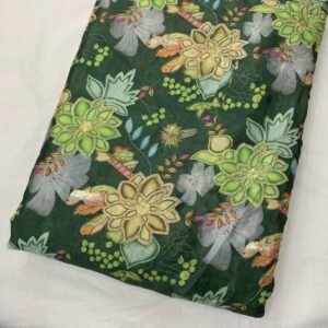 Green Floral Position Print With Embroidery On Chinon Fabric