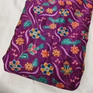 Wine Floral Position Print With Embroidery On Chinon Fabric