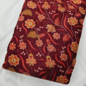 Dark Brown Floral Position Print With Embroidery On Chinon Fabric