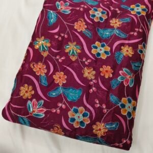Dark Wine Floral Position Print With Embroidery On Chinon Fabric