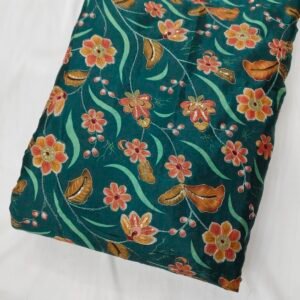 Green Floral Position Print With Embroidery On Chinon Fabric