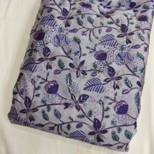 Levender Position Print With Embroidery On Chinon Fabric