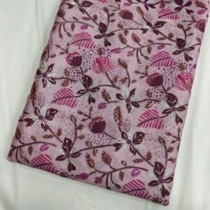 Pink Position Print With Embroidery On Chinon Fabric