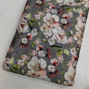 Grey Floral Position Print On Chinon Fabric