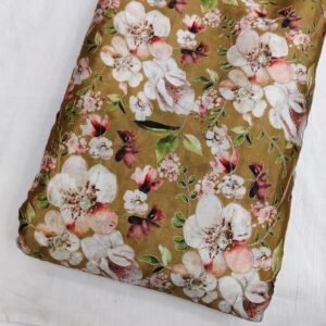 Olive Green Floral Position Print With Embroidery On Chinon Fabric
