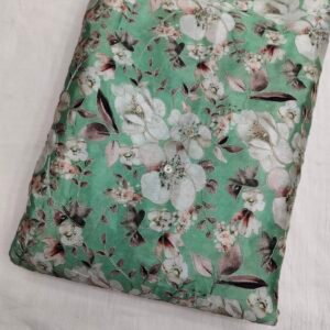 Sea Green Floral Position Print With Embroidery On Chinon Fabric